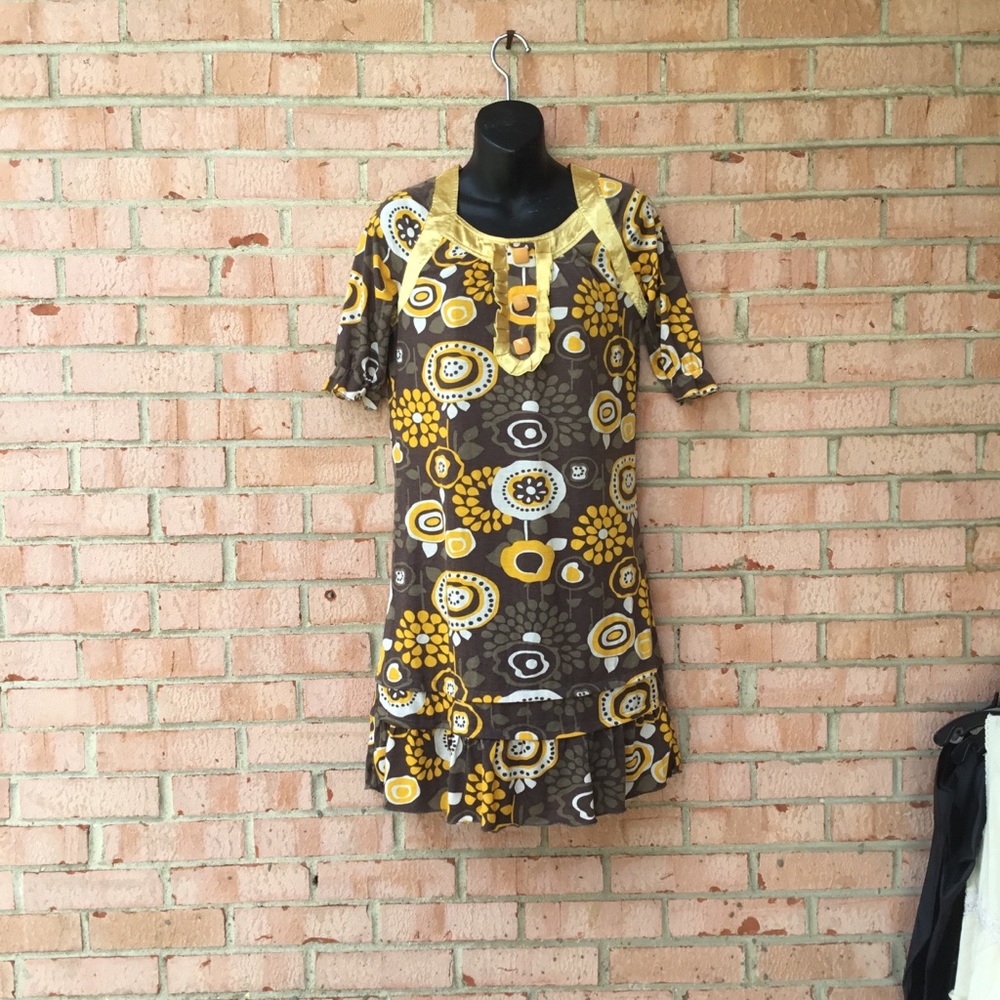Crazy print dress w/gold satin trim